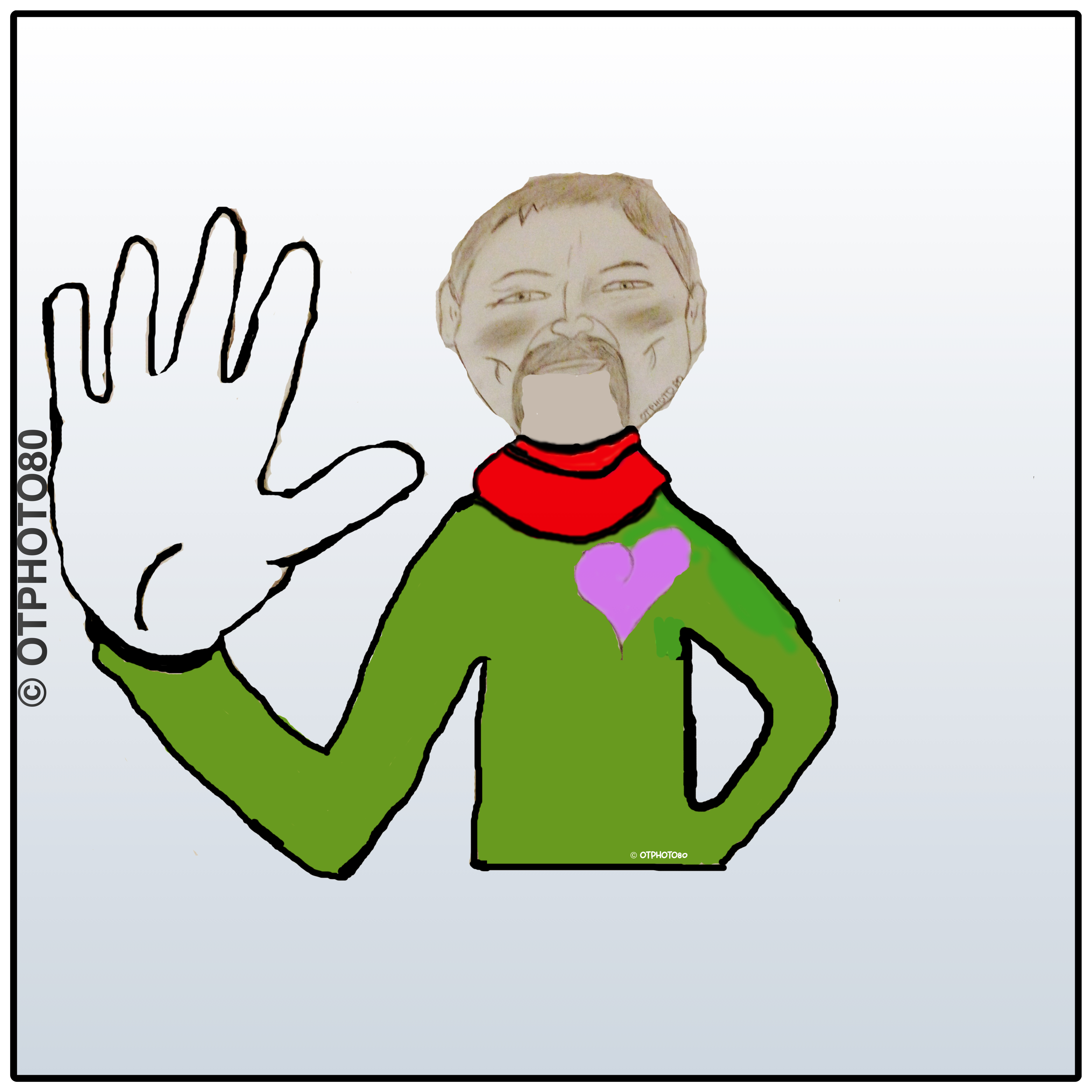 Caricature drôle — personnage en rétablissement sportif, visage amaigri expressif, grand sourire, tenue de sport bleue